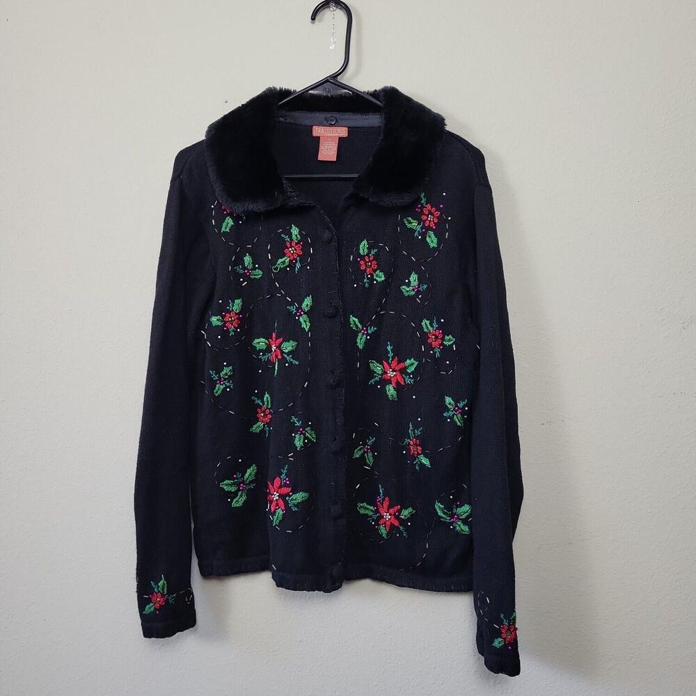 Traditions Womens Black Floral Long Sleeve Christmas Cardigan Sweater Size M‎